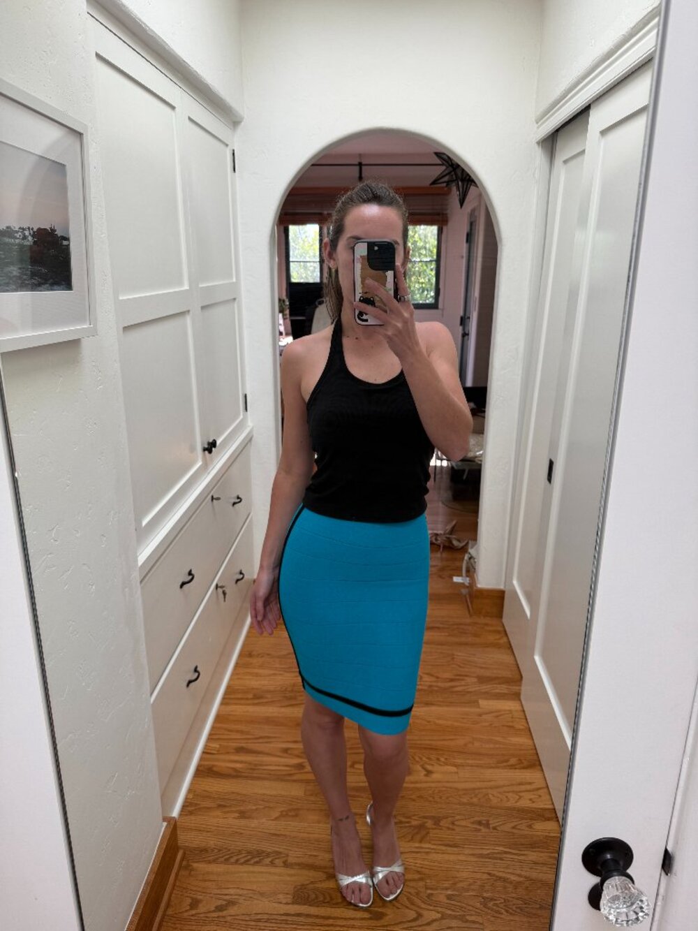 Hervé Léger Paris Vintage Bandage Skirt Made in France 90s Teal Black Trim Size